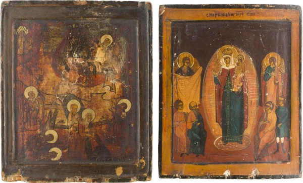 Picture ZWEI IKONEN: PROPHET ELIAS MIT SEINER FEURIGEN HIMMELFAHRT UND GOTTESMUTTER 'FREUDE ALLER LEIDENDEN'
