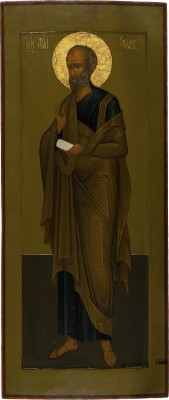 Auction 142<br>MONUMENTALE SIGNIERTE UND DATIERTE IKONE MIT DEM APOSTEL SIMON ZELOTES AUS EINER KIRCHEN-IKONOSTASE