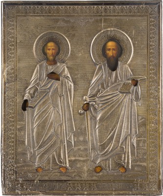 Auction 142<br>IKONE MIT DEN APOSTELN PETRUS UND PAULUS MIT SILBER-OKLAD