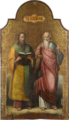 Auction 142<br>MONUMENTALE IKONE MIT DEN APOSTELN JAKOBUS DEM JÜNGEREN UND ANDREAS AUS EINER KIRCHEN-IKONOSTASE