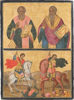 Auction 142<br>GROSSE ZWEIFELDER-IKONE MIT ZWEI KIRCHENVÄTERN SOWIE DEN HEILIGEN GEORG UND DEMETRIOS