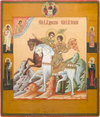 Auction 142<br>SEHR FEINE IKONE MIT DEN REITERHEILIGEN DEMETRIUS UND GEORG