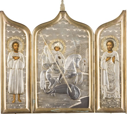 Bild GROSSES TRIPTYCHON MIT DEM HEILIGEN GEORG DEM DRACHENTÖTER FLANKIERT VON DEN HEILIGEN ALEXIUS, MANN GOTTES UND VALENTIN MIT VERMEIL-OKLAD