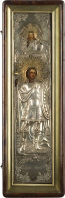 Bild MONUMENTALE IKONE MIT DEM KRIEGERHEILIGEN GEORG MIT OKLAD IM KIOT