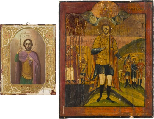 Auktion 142<br>ZWEI IKONEN MIT DNE KRIEGERHEILIGEN THEODOR STRATELATES UND JOHANNES