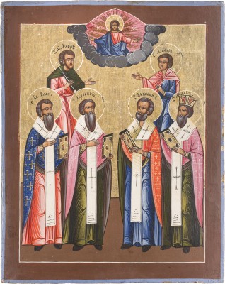 Bild PATRONATSIKONE MIT SECHS AUSGEWÄHLTEN HEILIGEN, DARUNTER DIE TIERPATRONE UND DER HEILIGE NIKOLAUS VON MYRA