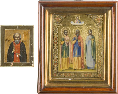 Auktion 142<br>ZWEI KLEINE IKONEN: SERGEJ VON RADONESCH UND DIE HEILIGEN SAMON, GURIJ UND AVIV IM KIOT