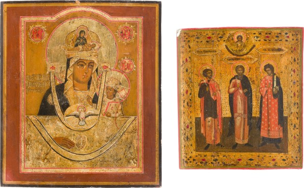Auktion 142<br>ZWEI IKONEN: DIE HEILIGEN SAMON, GURIJ UND AVIV UND GOTTESMUTTER VON TSCHENSTOCHAU (ERWEICHEN DER HARTEN HERZEN)