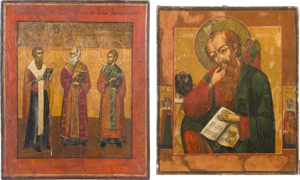 Auktion 142<br>ZWEI IKONEN: JOHANNES, THEOLOGE IM SCHWEIGEN UND DIE DREI HIERARCHEN