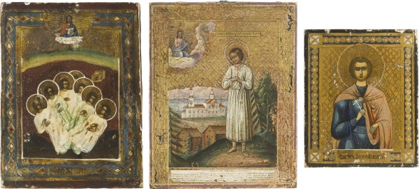 Bild DREI KLEINE IKONEN MIT DEN SIEBEN SCHLÄFERN VON EPHESOS, PANTELEIMON UND ARTEMIJ VON VERKOLA