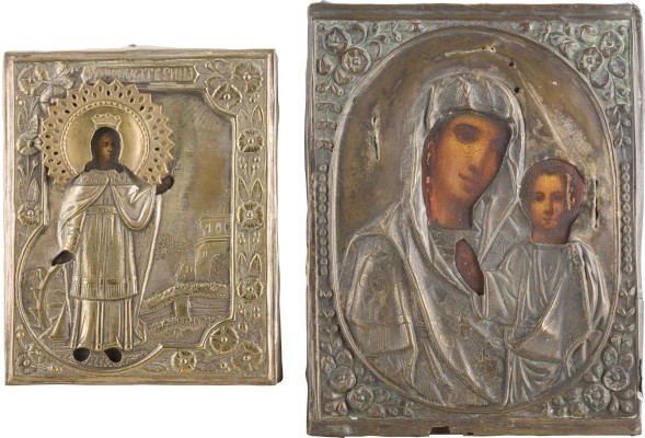 Picture ZWEI IKONEN MIT OKLAD: HEILIGE KATHARINA UND GOTTESMUTTER VON KASAN (KASANSKAJA)