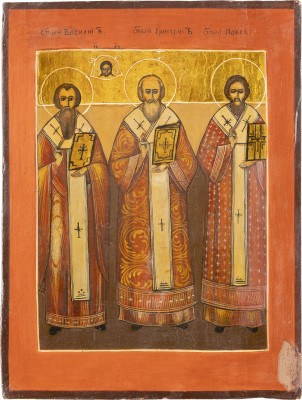 Auktion 142<br>KLEINE IKONE MIT DEN DREI HIERARCHEN BASILIUS DEM GROSSEN, GREGOR DEM THEOLOGEN UND BASILIUS DEM GROSSEN