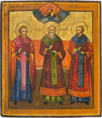 Auktion 142<br>IKONE MIT DEN DREI HIERARCHEN BASILIUS DEM GROSSEN, GREGOR DEM THEOLOGEN UND JOHANNES CHRYSOSTOMUS