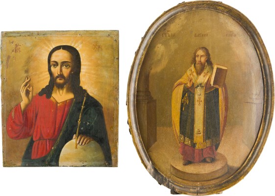 Auction 142<br>ZWEI IKONEN: CHRISTUS DER WELTENHERRSCHER UND BASILIUS DER GROSSE