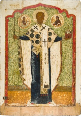 Auction 142<br>MONUMENTALE IKONE MIT DEM HEILIGEN NIKOLAUS VON MOSCHAISK AUS EINER KIRCHEN-IKONOSTASE