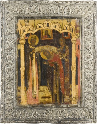 Auction 142<br>KLEINE IKONE MIT DER BISCHOFSWEIHE DES HEILIGEN NIKOLAUS VON MYRA MIT BASMA