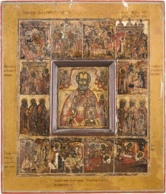 Auction 142<br>FEINE IKONE MIT DEM HEILIGEN NIKOLAUS VON MYRA MIT SZENEN SEINER VITA