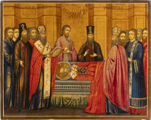 Auktion 142<br>GROSSFORMATIGE UND SELTENE IKONE MIT DER GRABLEGUNG DES HEILIGEN NIKOLAUS VON MYRA