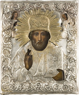 Auction 142<br>IKONE MIT DEM HEILIGEN NIKOLAUS VON MYRA MIT OKLAD