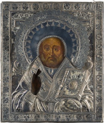 Auction 142<br>IKONE MIT DEM HEILIGEN NIKOLAUS VON MYRA MIT OKLAD