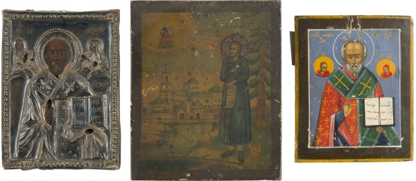 Auktion 142<br>DREI KLEINE IKONEN MIT DEM HEILIGEN NIKOLAUS VON MYRA UND DEM HEILIGEN SIMEON VON WERCHOTURE