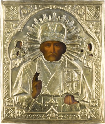 Auction 142<br>IKONE MIT DEM HEILIGEN NIKOLAUS VON MYRA MIT OKLAD