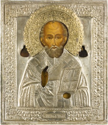 Auction 142<br>IKONE MIT DEM HEILIGEN NIKOLAUS VON MYRA MIT OKLAD