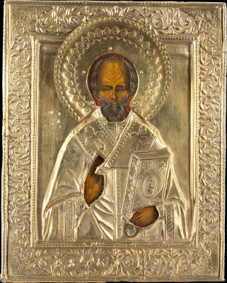 Auktion 142<br>KLEINE IKONE MIT DEM HEILIGEN NIKOLAUS VON MYRA MIT OKLAD