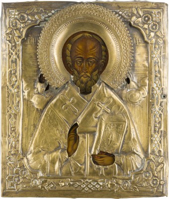 Auction 142<br>IKONE MIT DEM HEILIGEN NIKOLAUS VON MYRA MIT OKLAD