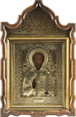 Auction 142<br>IKONE MIT DEM HEILIGEN NIKOLAUS VON MYRA MIT VERMEIL-OKLAD IM KIOT