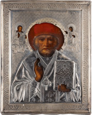 Auktion 142<br>KLEINE IKONE MIT DEM HEILIGEN NIKOLAUS VON MYRA MIT SILBER-OKLAD