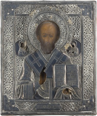 Auktion 142<br>IKONE MIT DEM HEILIGEN NIKOLAUS VON MYRA MIT SILBER-OKLAD