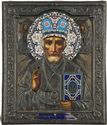 Auction 142<br>IKONE MIT DEM HEILIGEN NIKOLAUS VON MYRA MIT CLOISONNÉ-EMAIL-OKLAD