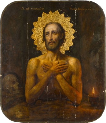 Auction 142<br>SELTENE UND GROSSFORMATIGE, SIGNIERTE UND DATIERTE IKONE MIT JOHANNES DEM VIELDULDER VOM KIEWER HÖHLENKLOSTER
