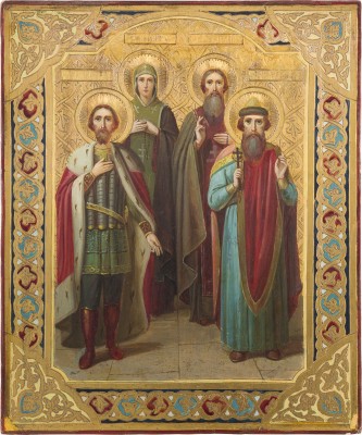 Auktion 142<br>KLEINE IKONE MIT DEN HEILIGEN ALEXANDER NEWSKI, MARIA, WASILIJ UND WLADIMIR