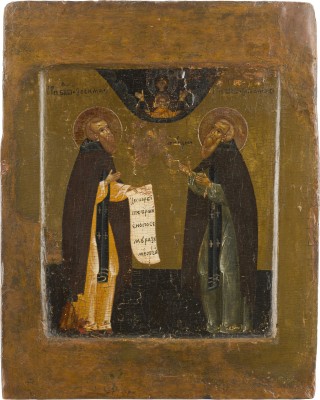 Auction 142<br>FEINE IKONE MIT DEN KLOSTERGRÜNDERN ZOSIMA UND SAWATIJ