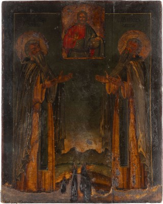 Auktion 142<br>GROSSE UND FEINE IKONE MIT DEN HEILIGEN ZOSIMA UND SAWATIJ UND CHRISTUS DEM WELTENHERRSCHER