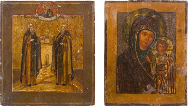Auktion 142<br>ZWEI KLEINE IKONEN: GOTTESMUTTER VON KASAN (KASANSKAJA) UND ZOSIMA UND SABBATIUS