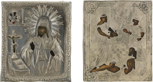 Auction 142<br>ZWEI KLEINE IKONEN MIT SILBER-OKLAD: ENTHAUPTUNG JOHANNES DES VORLÄUERS UND HEILIGER MITROFAN VON WORONESCH