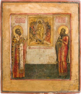 Bild IKONE MIT DEN HEILIGEN LEONTIJ UND GURIJ MIT DER HÖLLENFAHRT CHRISTI