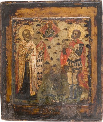 Bild IKONE MIT DEM HEILIGEN NIKOLAUS VON MYRA UND EINEM KRIEGER-HEILIGEN