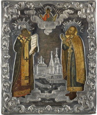 Auktion 142<br>IKONE MIT DEN HEILIGEN ARSENIUS UND MICHAEL VON TWER MIT SILBER-RIZA