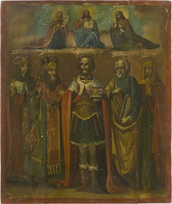 Auction 142<br>IKONE MIT DEESIS UND FÜNF HEILIGEN, DARUNTER ALEXANDER NEWSKI, OLGA UND ANNA DIE PROPHETIN