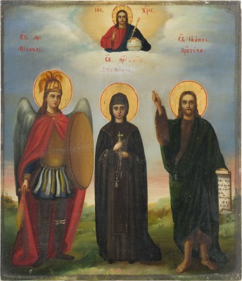 Auction 142<br>IKONE MIT DREI HEILIGEN, DARUNTER DER ERZENGEL MICHAEL UND JOHANNES DER VORLÄUFER