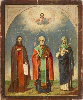Auction 142<br>IKONE MIT DEN HEILIGEN GERASIMOS, NIKOLAUS VON MYRA UND NATALIJA