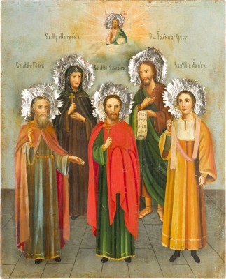 Auction 142<br>GROSSE PATRONATS-IKONE MIT DEN HEILIGEN SAMON, GURIJ, AVIV, JOHANNES DEM VORLÄUFER UND MATRONA