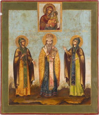 Auktion 142<br>IKONE MIT DER GOTTESMUTTER 'LINDERE MEINEN KUMMER' UND DEM HEILIGEN BASILIUS FLANKIERT VON ZWEI NONNEN
