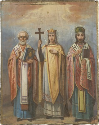 Auction 142<br>IKONE MIT DEN HEILIGEN NIKOLAUS VON MYRA, ELENA UND JOHANNES CHRYSOSTOMUS