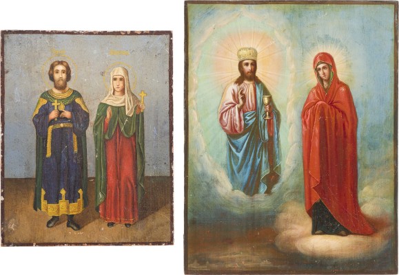 Auction 142<br>ZWEI KLEINE IKONEN: ERSCHEINUNG CHRISTI VOR DER GOTTESMUTTER SOWIE DIE HEILIGEN SERGEJ UND MATRONA