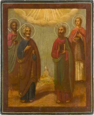 Auction 142<br>IKONE MIT DEN APOSTELN PETRUS UND PAULUS UND DEN ARZTHEILIGEN KOSMAS UND DAMIAN
